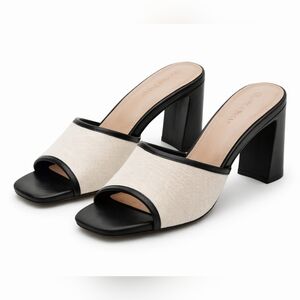 The Drop Black Block Heel Mule Sandals Cream Canvas Strap Casual Womens Size 8